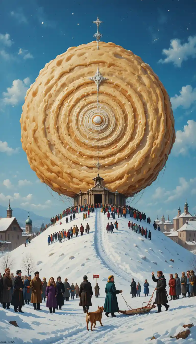 Surreal winter festival with giant pancake above snowy village