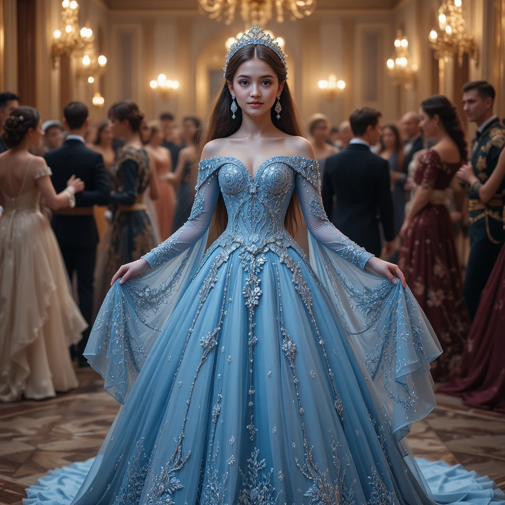 Teen girl in icy blue gown at a royal ballroom