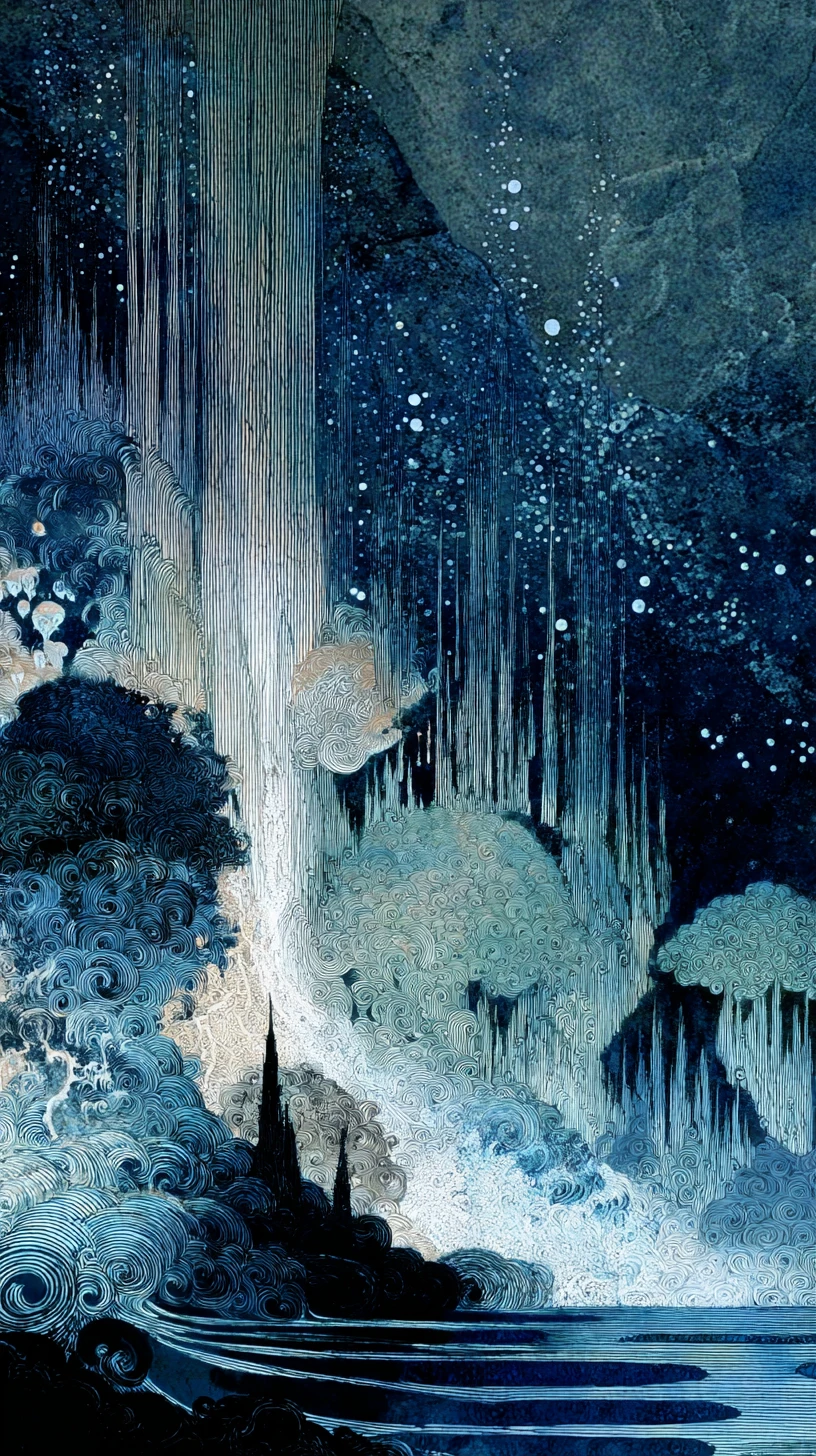幻想的な水中の森の夢景色を流れる水