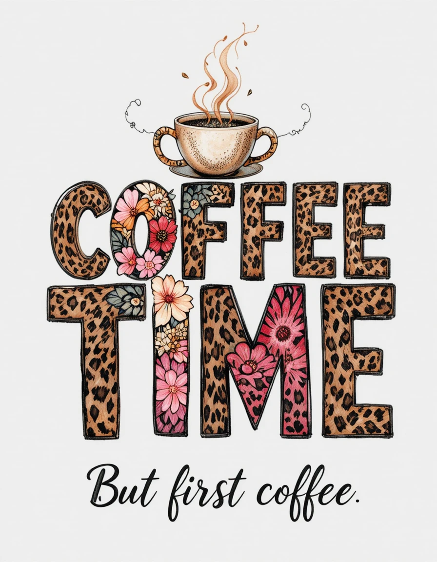Texte aquarelle « Coffee Time » avec imprimé léopard et fleurs