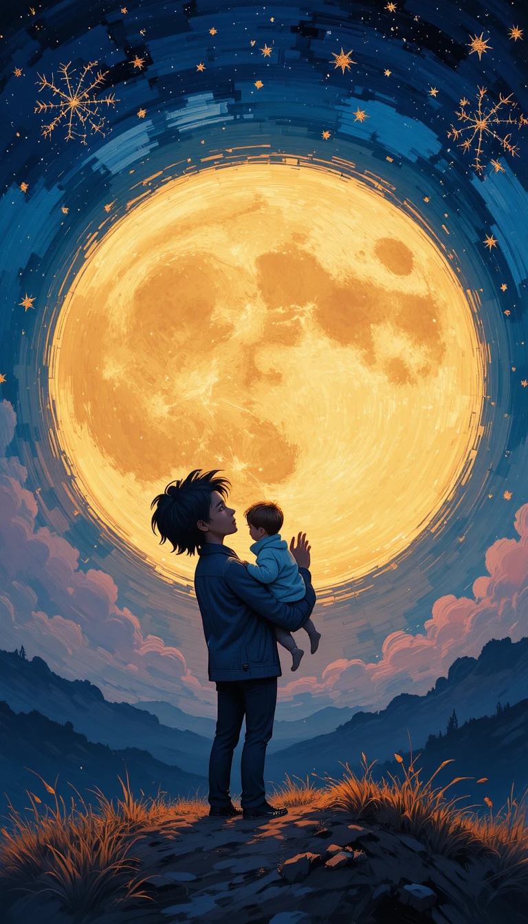 Parent et enfant sous un ciel baigné de clair de lune