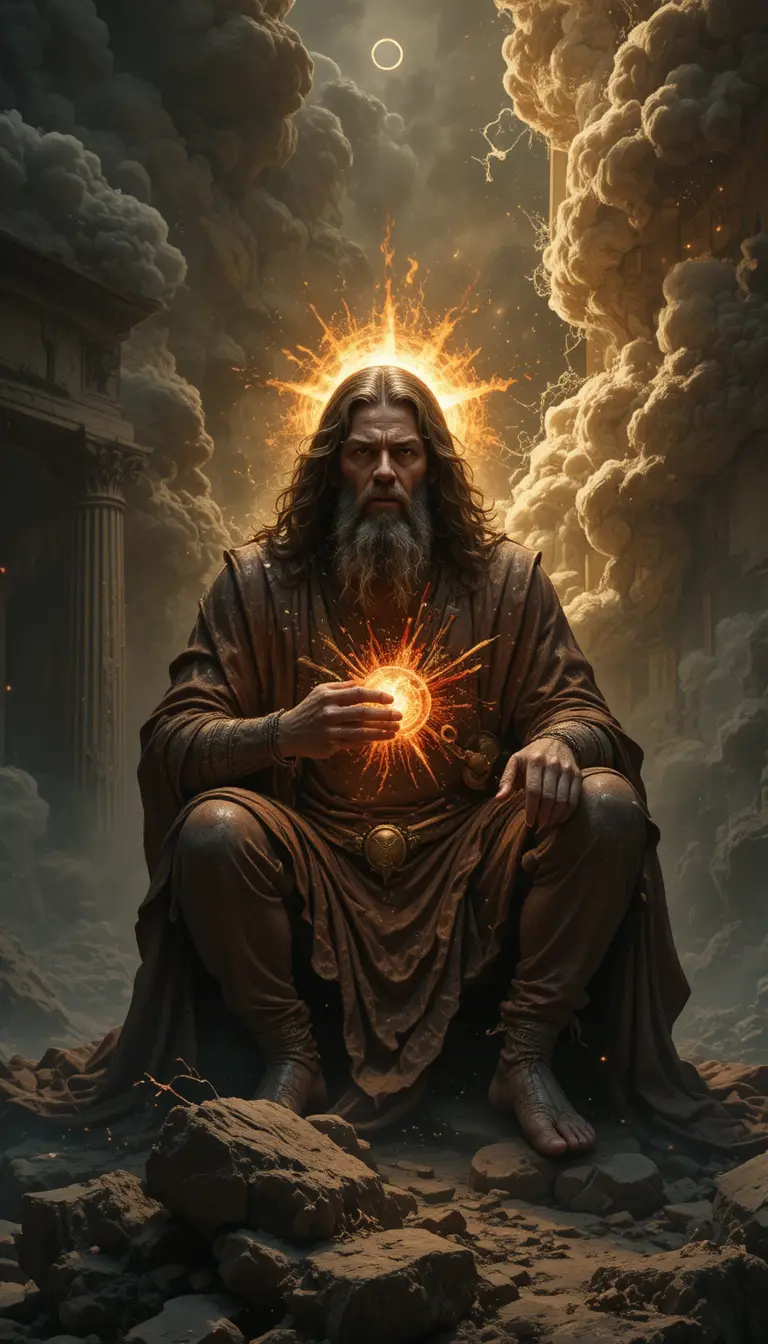 Uomo biblico adirato sotto un cielo apocalittico e oscuro
