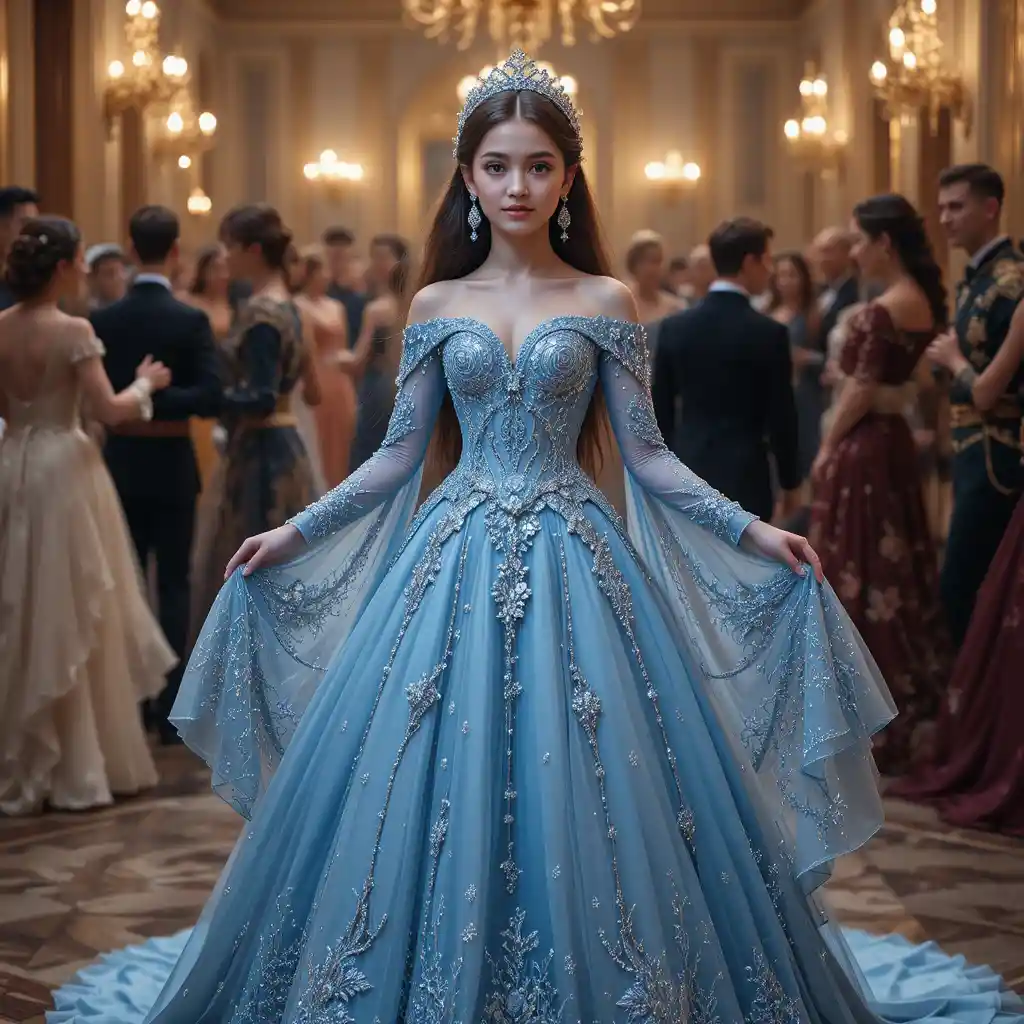 Teen girl in icy blue gown at a royal ballroom
