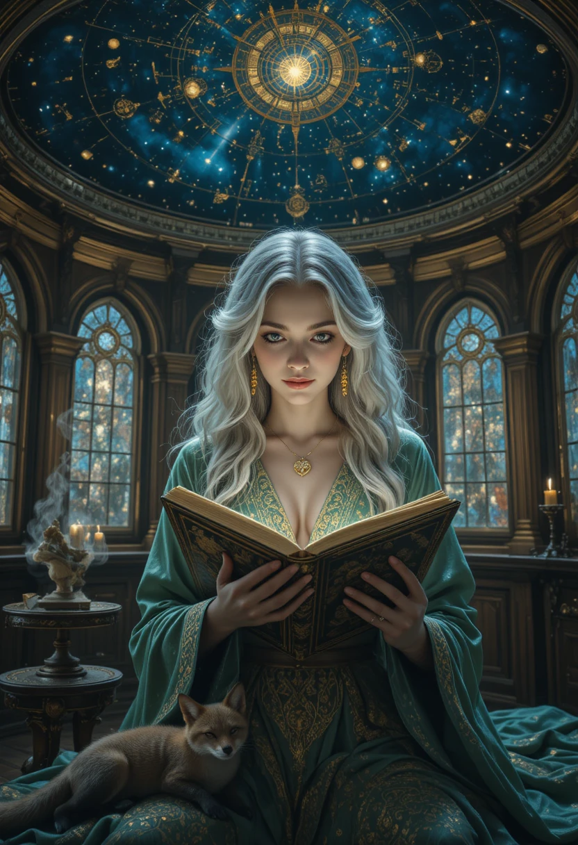 Celestial archivist reading a glowing star atlas