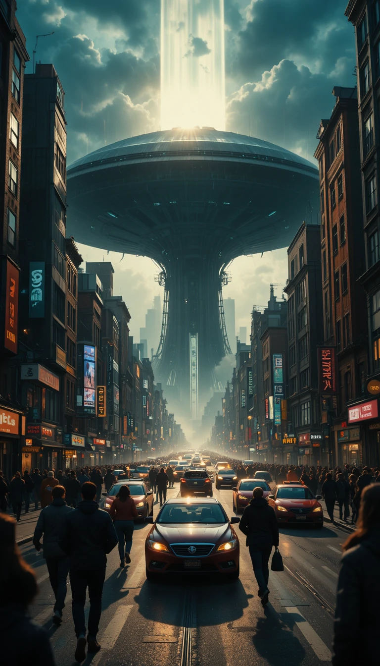 Rua caótica da cidade com carros colidindo sob nave espacial alienígena