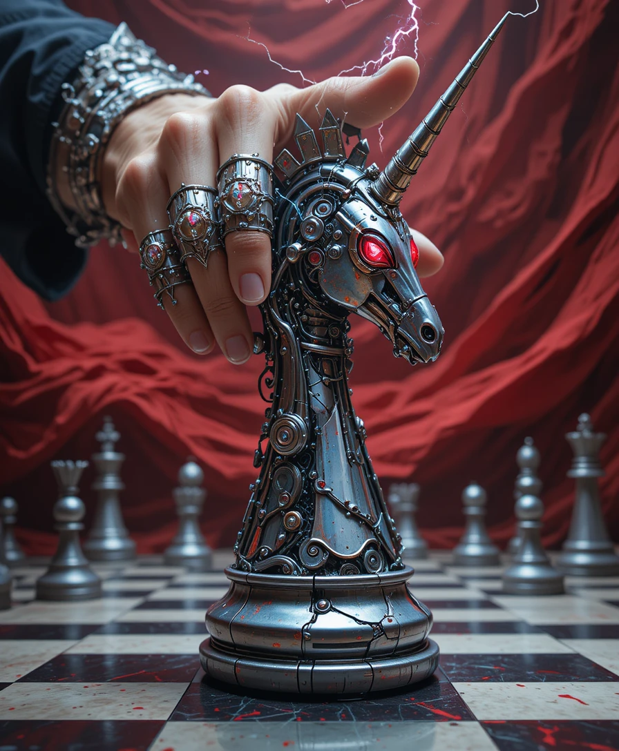 Human hand moves biomechanical knight on dramatic chessboard