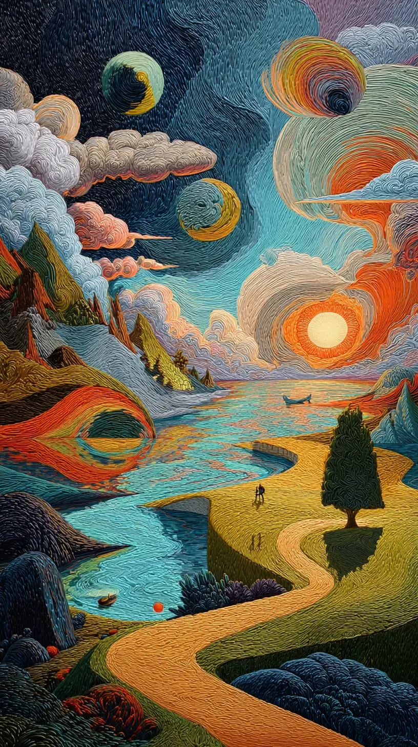充滿鮮豔旋轉抽象圖案的超現實夢幻景觀