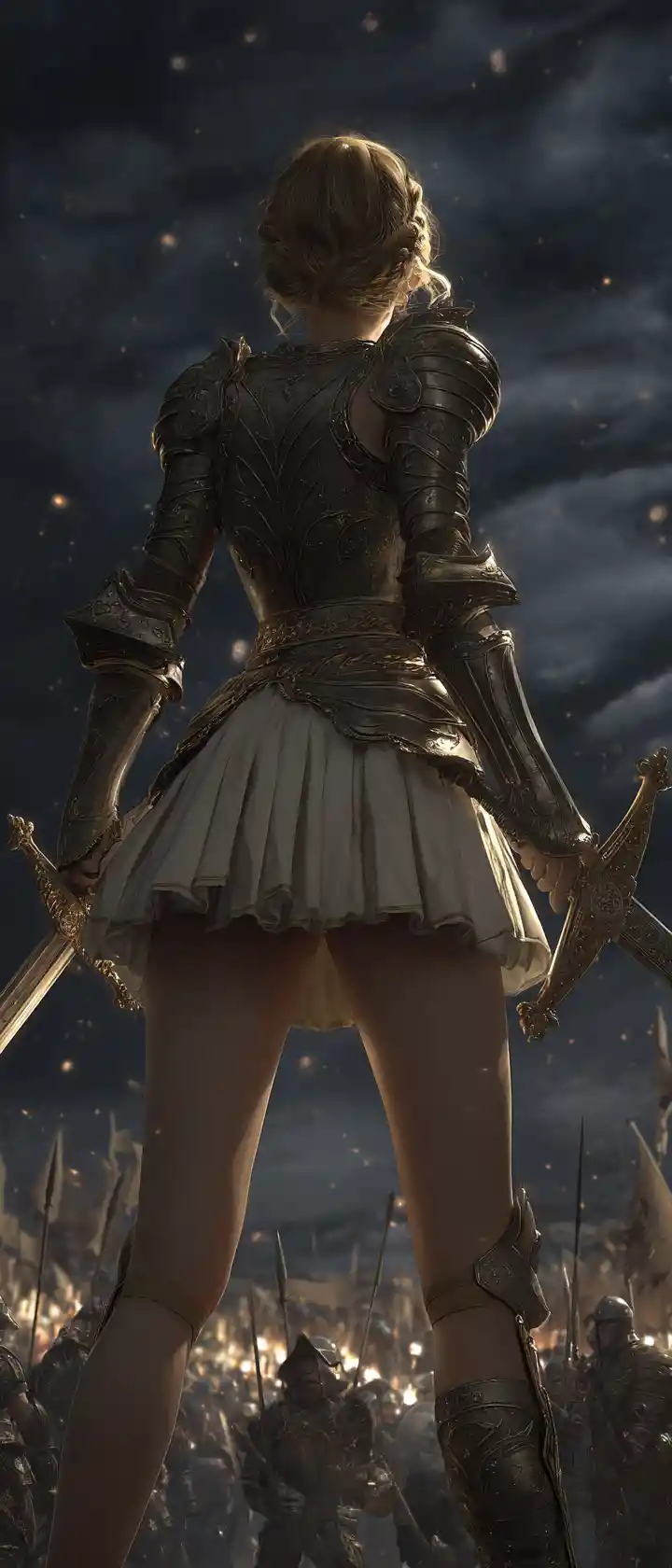Armored heroine poised for battle under the night sky