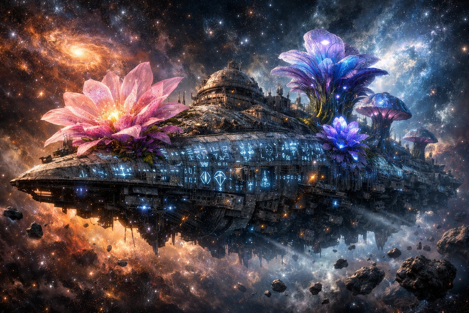 古老太空船漂流於發光宇宙星雲符文之中