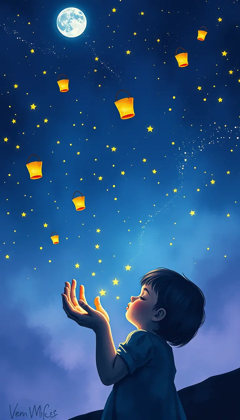 Sleeping child under a moonlit sky of drifting stars