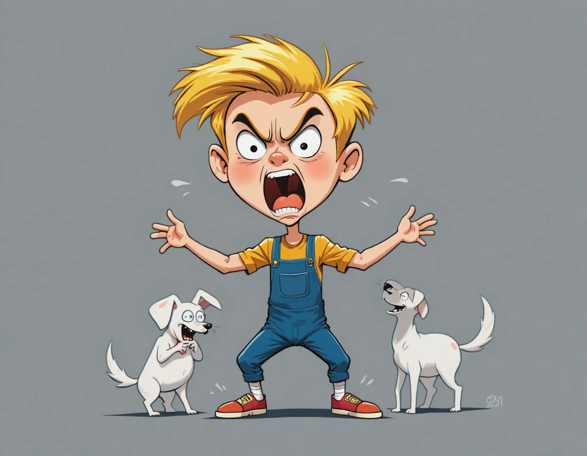Menino loiro irritado gritando ao lado de um cachorro branco sorridente