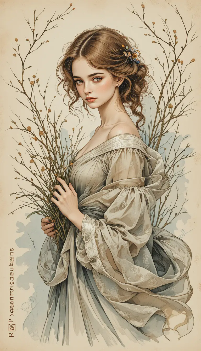 Dreamy young woman in flowing watercolor style portrait
