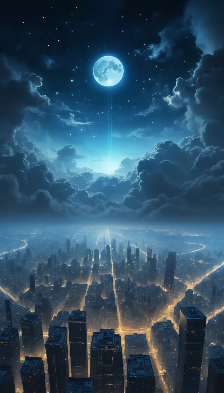 Aerial night view above clouds over glowing futuristic city