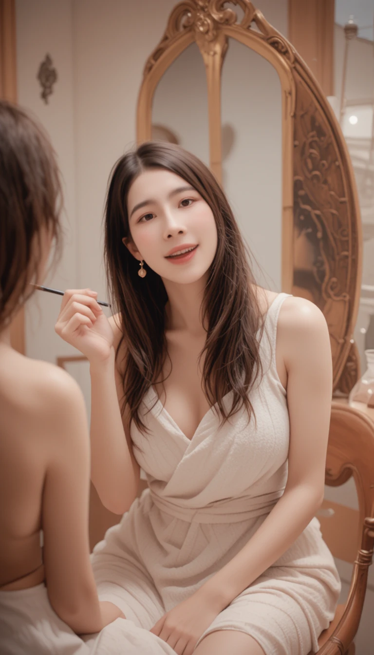 Woman in towel applying makeup before a mirror