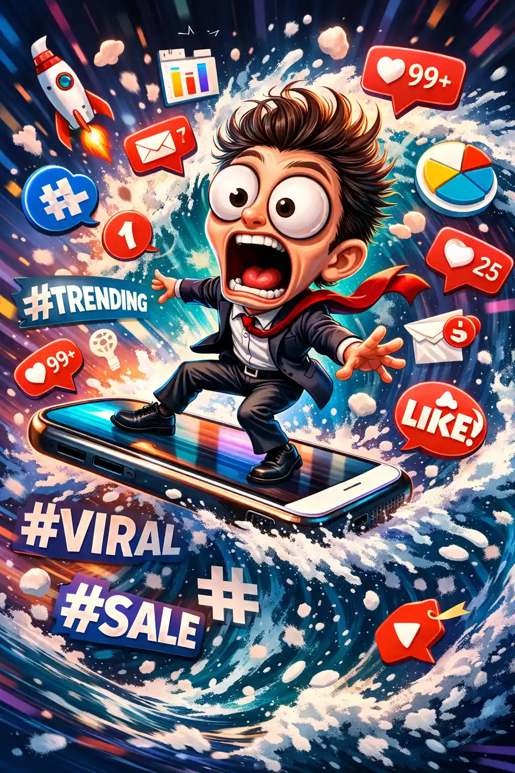 Frantic marketer surfing a giant smartphone on hashtag waves