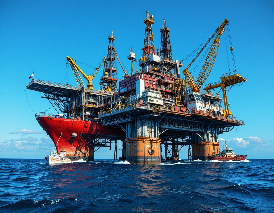 Plateforme pétrolière offshore avec navires de soutien sur une mer bleue et calme