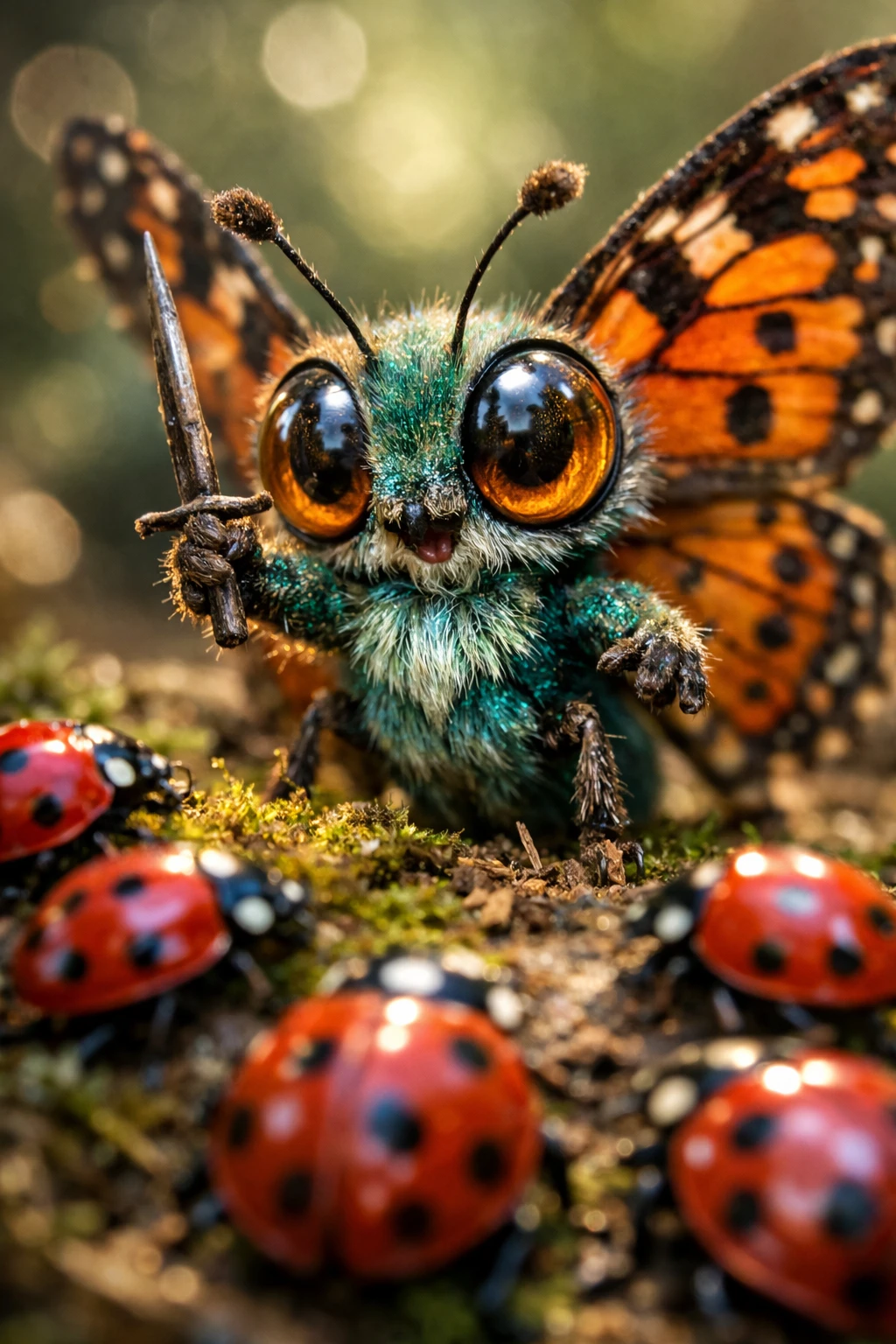 Macro butterfly with amber eyes on mossy forest floor