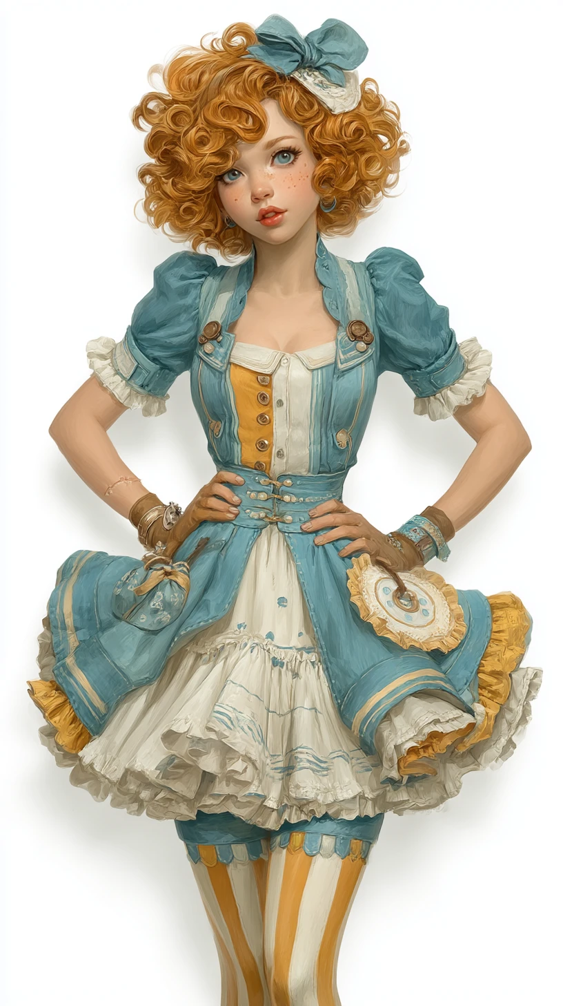 Freckled girl in green dress dancing the polka
