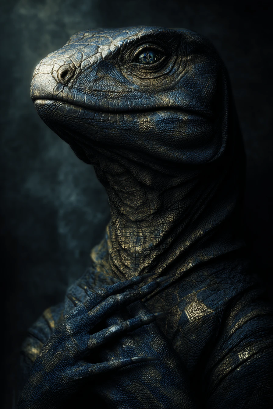 Dark fantasy portrait of a reptilian eyed figure in shadow