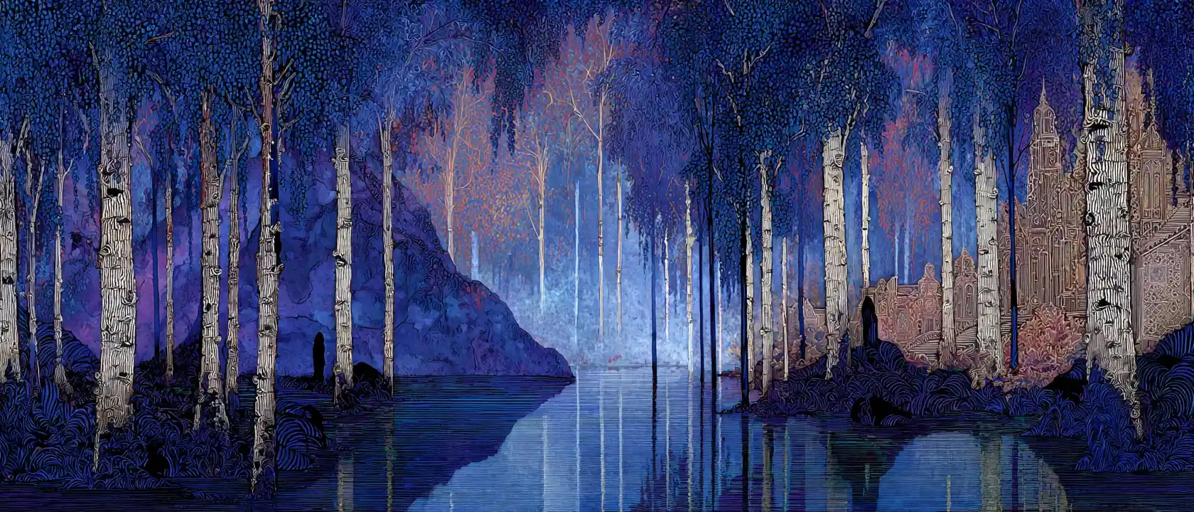 Unterirdisches Wasser in einer dunklen Birkenwald-Traumlandschaft