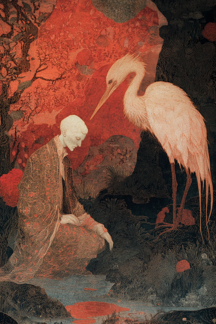 Surreal vision of a mythical divine figure in warm colors