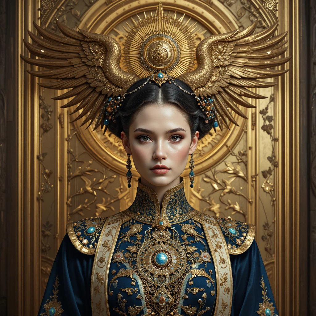 Majestätische Fantasy-Königin mit goldenem Phönix-Kopfschmuck