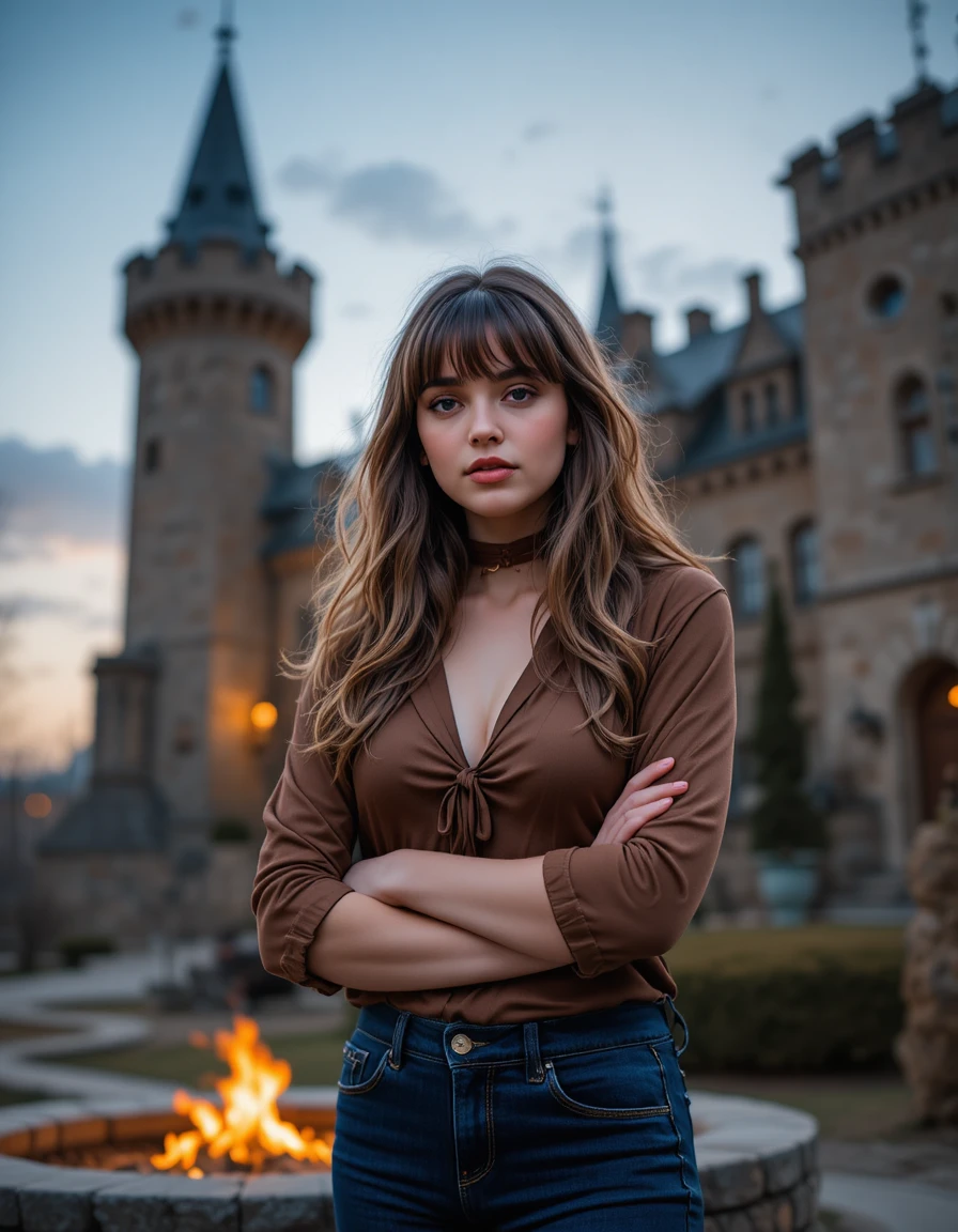Jovem séria ao lado de um castelo ao anoitecer iluminada pelo fogo
