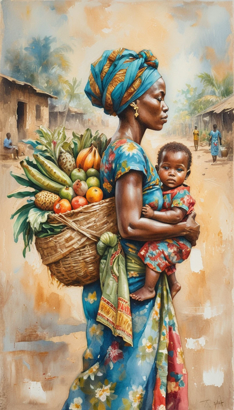 Madre africana in abito blu che porta il bambino e i prodotti