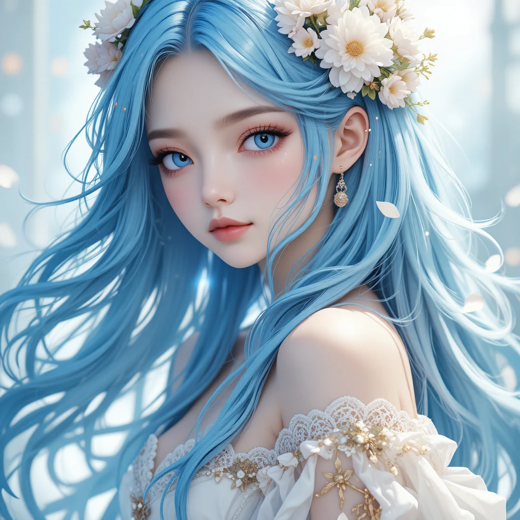 Ragazza anime con capelli blu e dettagli floreali bianchi