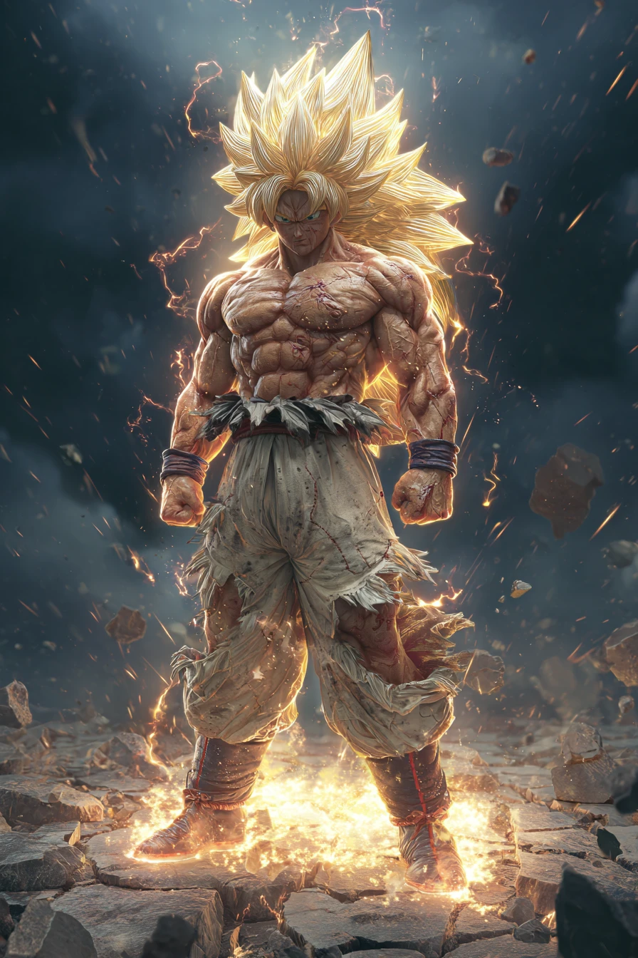 発光するオーラをまとった老練な超戦士が砕けた大地に立つ