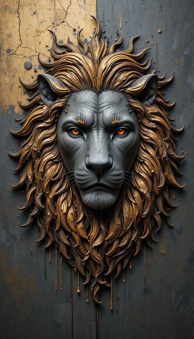 Textured lion relief portrait with golden abstract mane