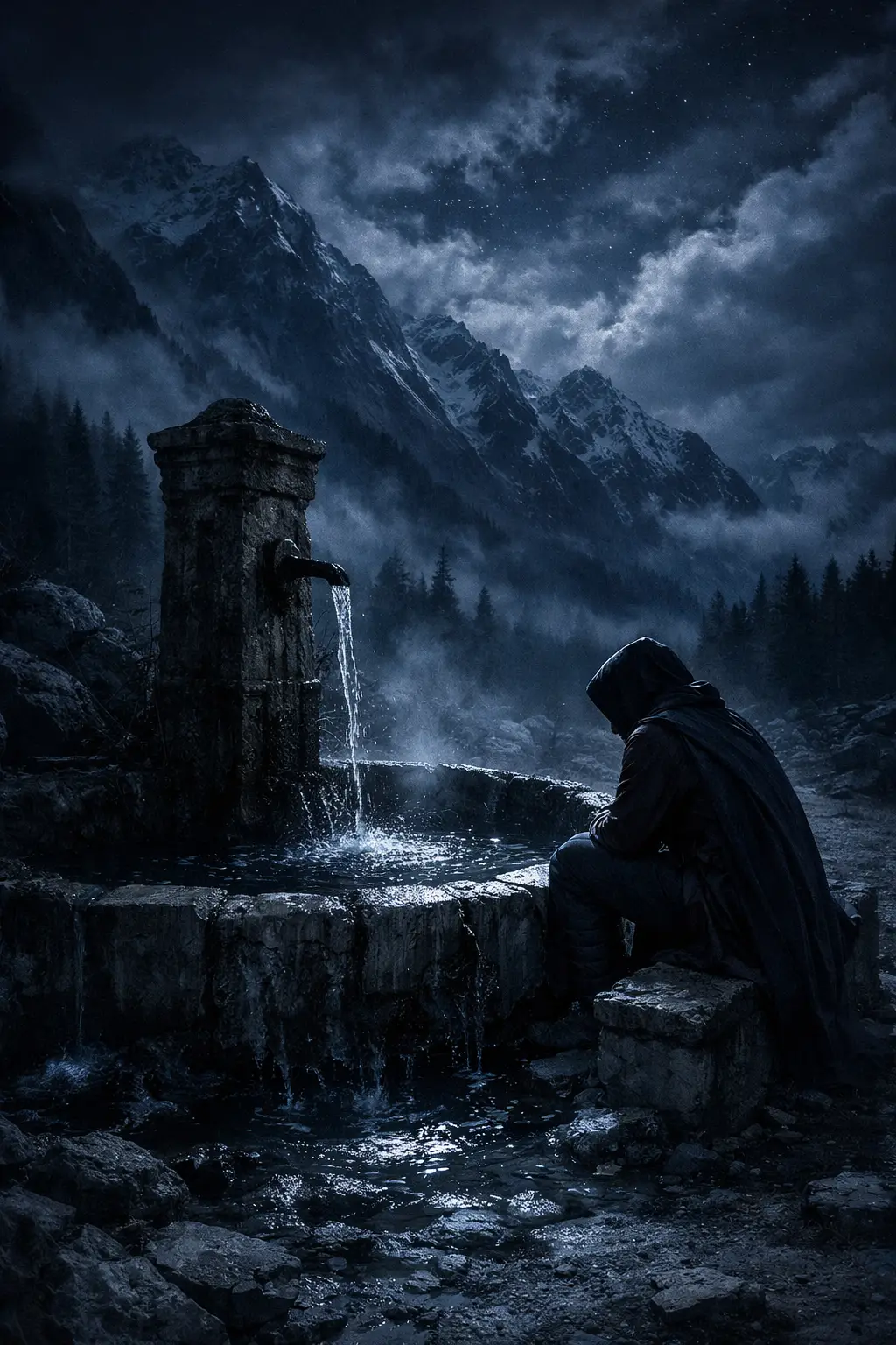 Lonely figure by a mountain fountain under cold night sky