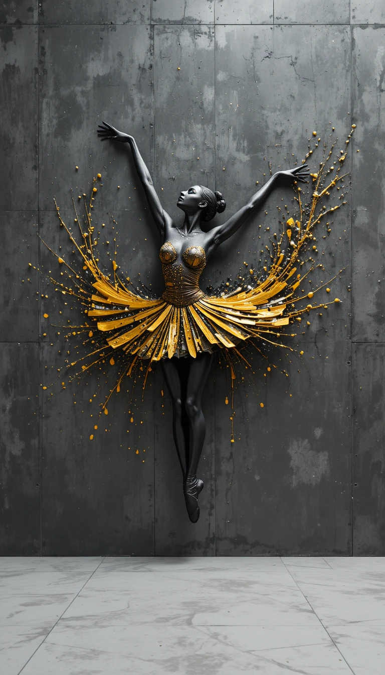 Dynamischer Ballerinasprung in goldener Impasto-Reliefkunst