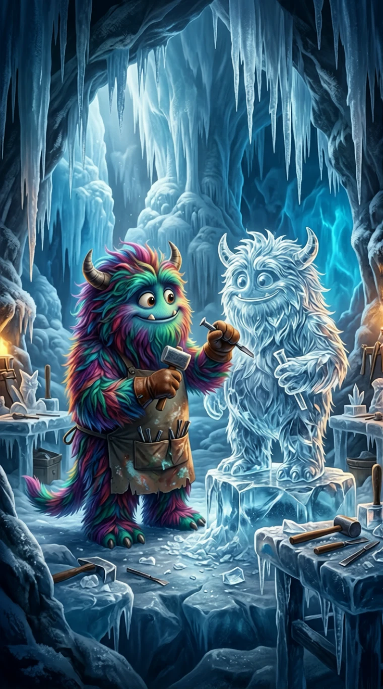 Monstro fofo e peludo esculpindo um autorretrato de gelo