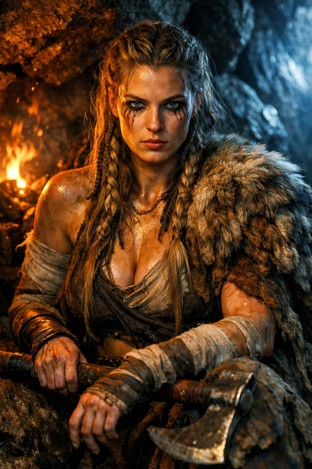 Fierce viking warrior woman in a firelit cave