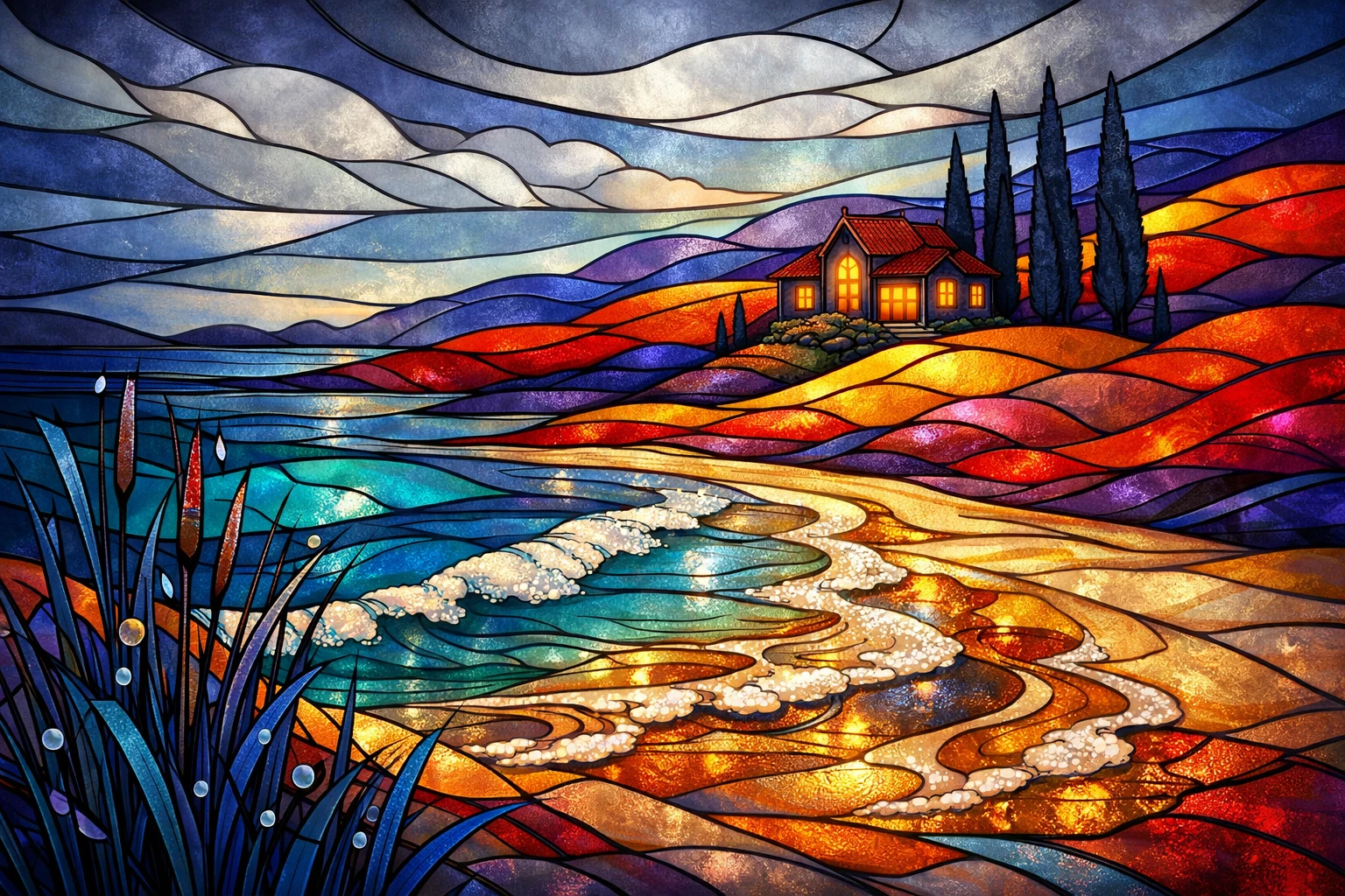 Paisagem marítima surreal em vitral com casa luminosa ao crepúsculo