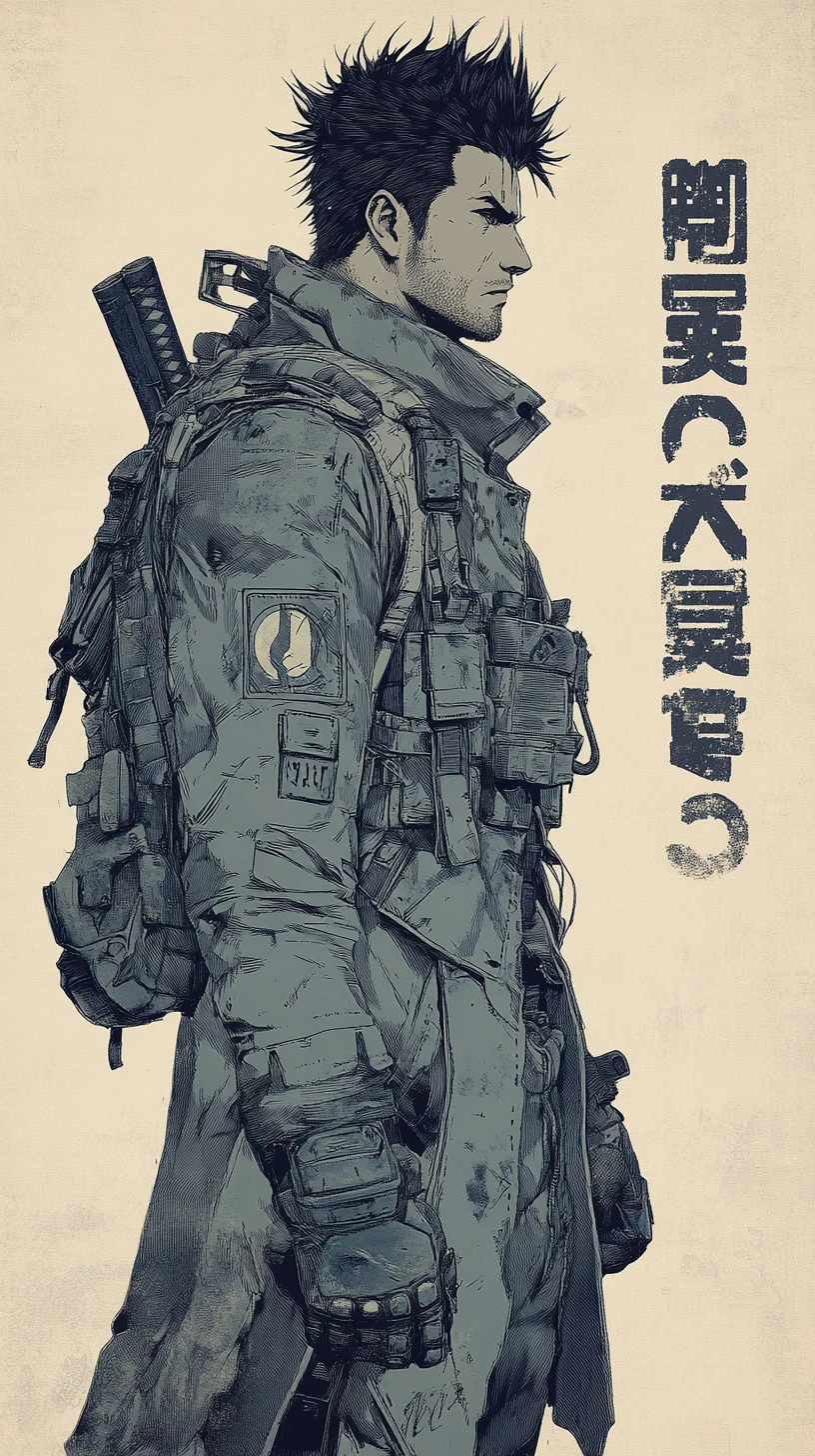 Affiche de guerrier d’anime bleu avec combattant cyberpunk de profil