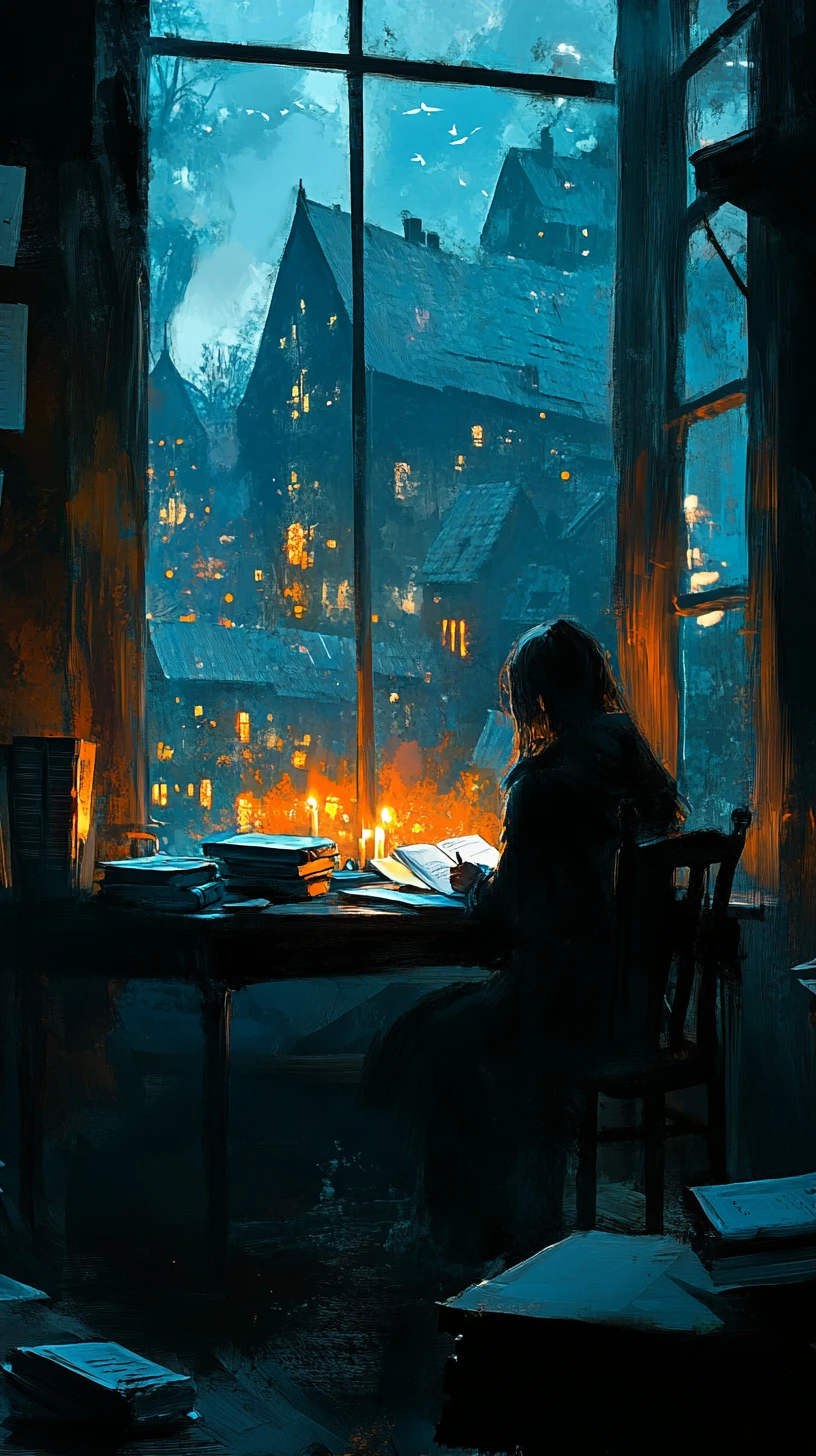 Woman writing by candlelight at a wooden desk
