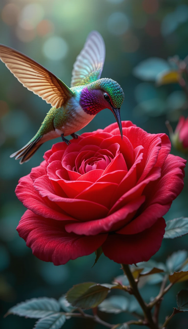 赤いバラの蜜を吸う色鮮やかなハチドリ