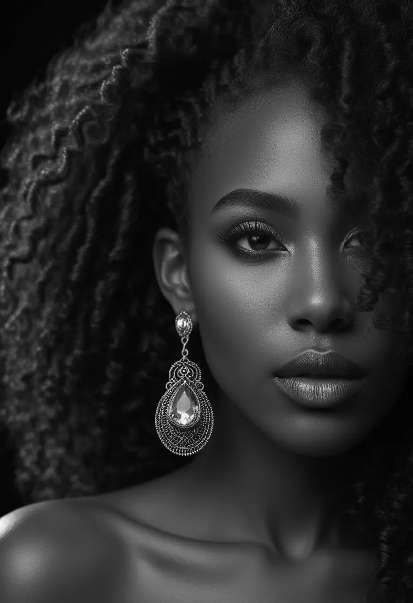 Black and white portrait of a woman with afro hair