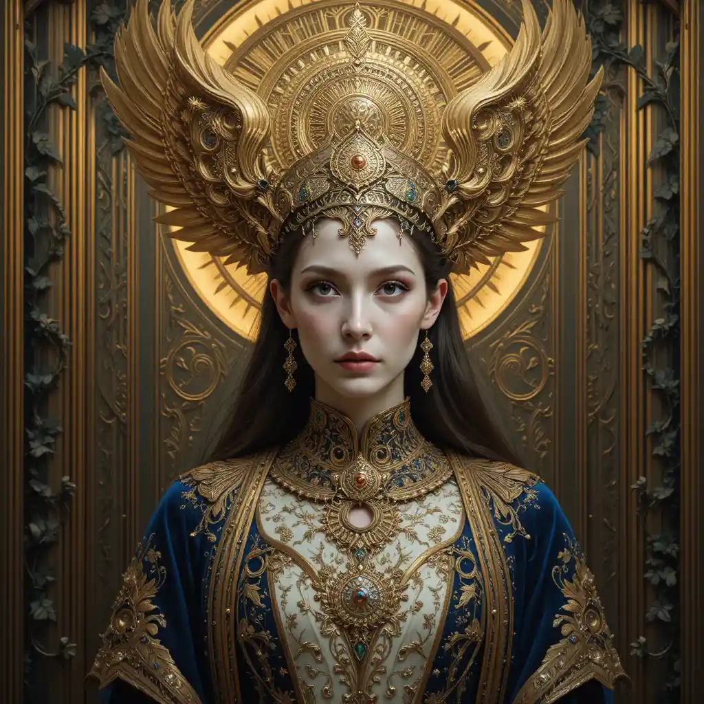 Portrait de déesse fantastique royale avec coiffe de phénix doré