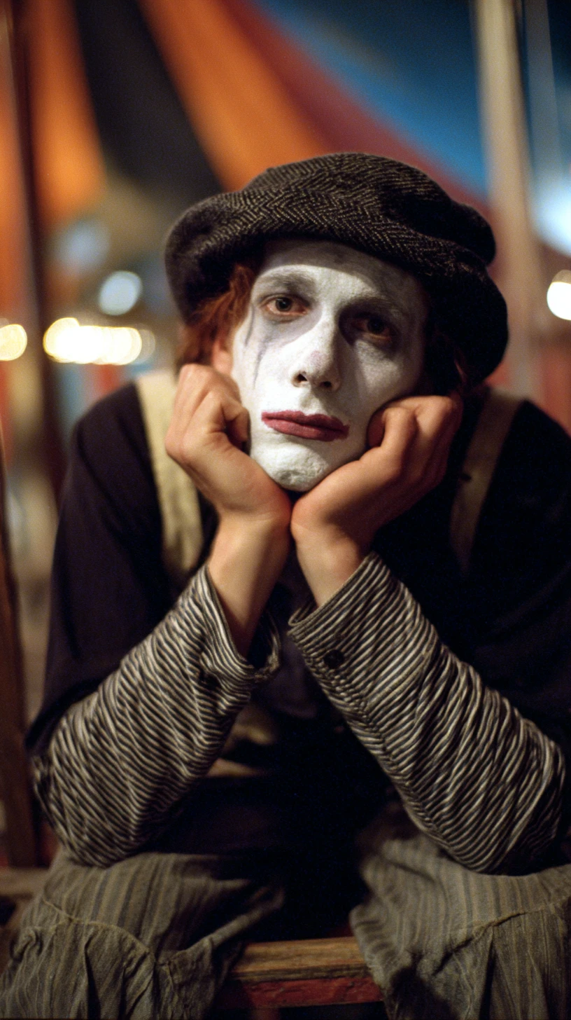 Ritratto di clown triste accanto al tendone del circo in calda luce da pellicola
