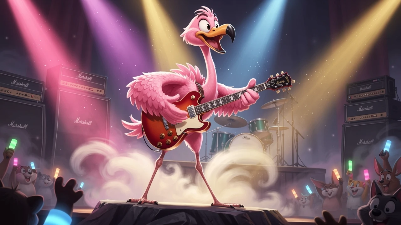 Flamingo cartunesco detonando guitarra elétrica no palco de show