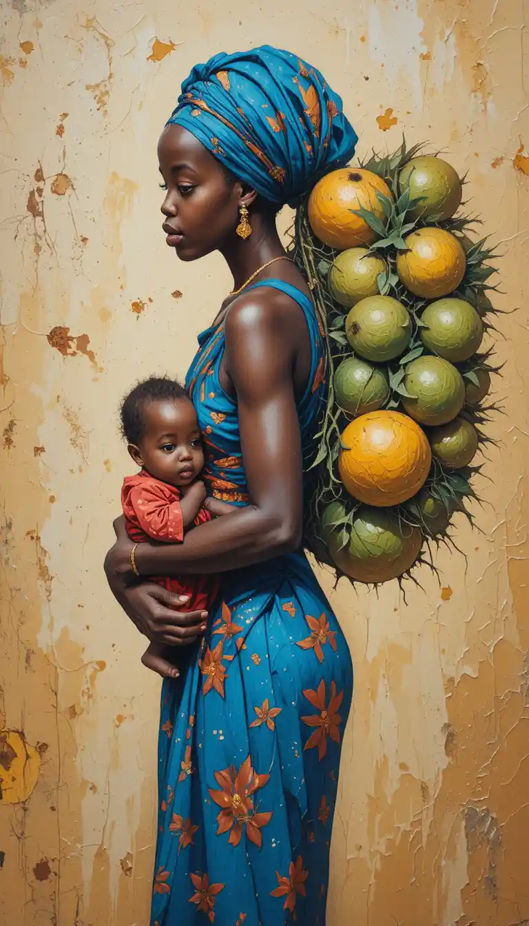 African mother carrying fruit bundle and baby in profile