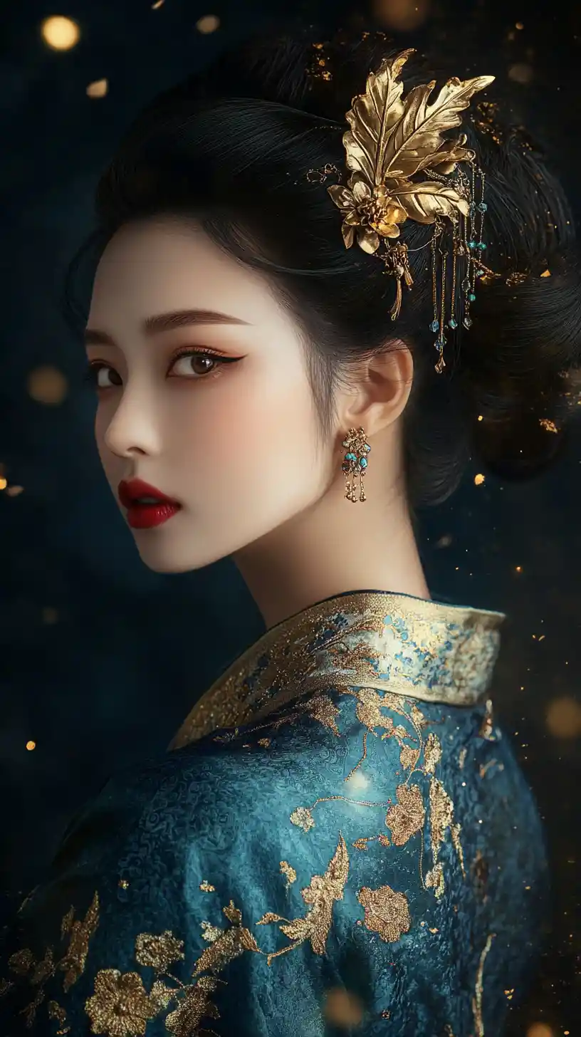 Elegant Asian woman in blue green hanfu with golden glow