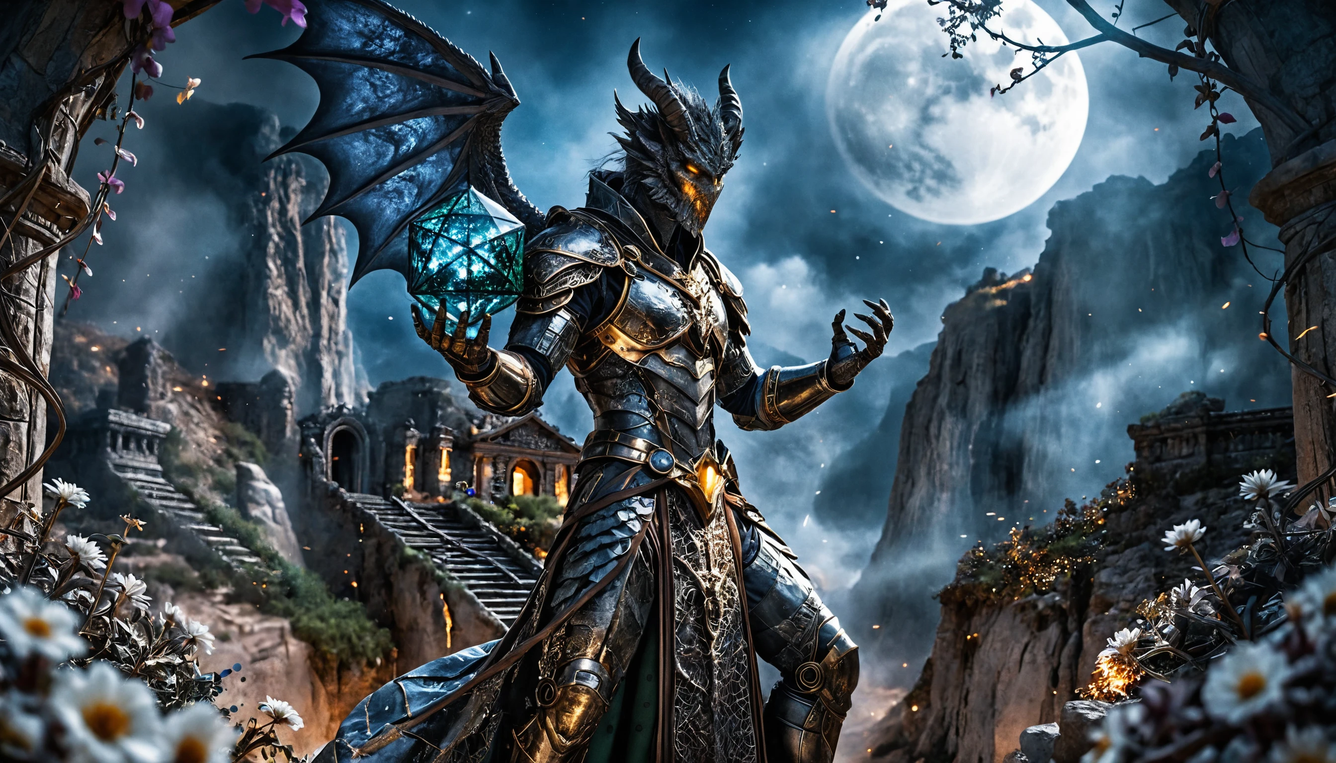 Android druido warforged che assorbe il chiaro di luna su un antico ziqqurat