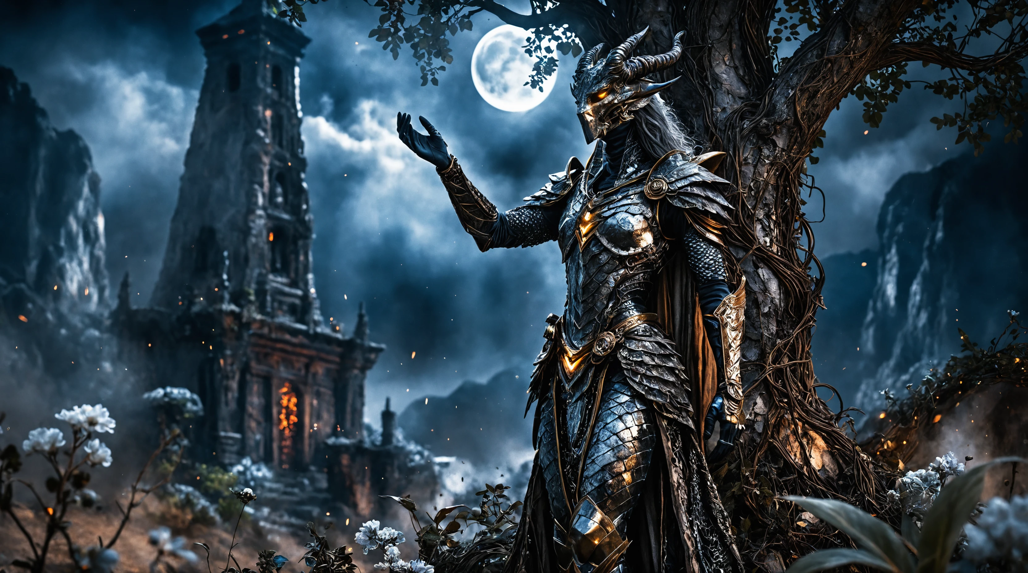 Warforged druid absorbing moonlight atop ancient ziggurat