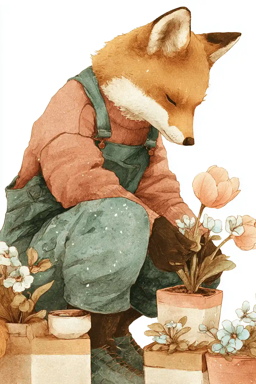 Fox Gardener Planting Spring Flowers In Soft Watercolors