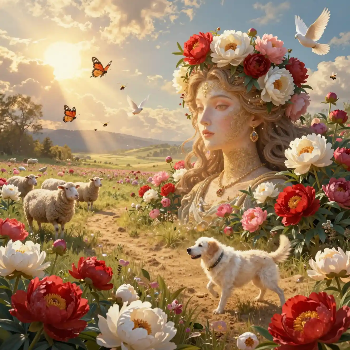 光彩瀲灩牡丹花海中的印象派人像