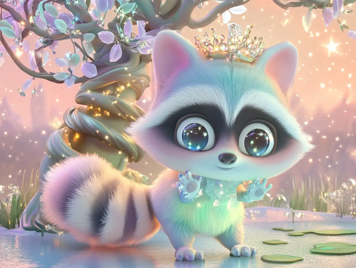 Regal pastel raccoon dancing by a magical tree